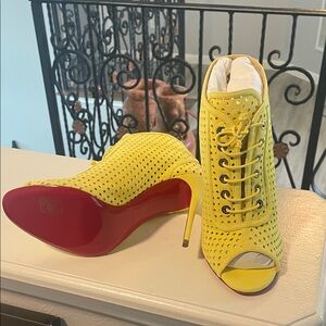 Christian Louboutin Yellow Perforated Lace-Up Peep-Toe Stiletto Booties